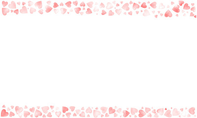 Heart love background. Valentine frame. Pink hearts confetti. Scattered love symbols. Random falling heart shape on transparent background.
