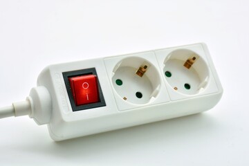 Interruptor de una regleta eléctrica encendido, aislado sobre fondo blanco