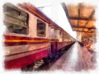 Train at a train station in Thailand watercolor style illustration impressionist painting.