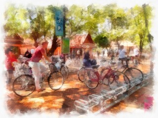 Fototapeta na wymiar Public bicycle parking in the park in the morning. watercolor style illustration impressionist painting.