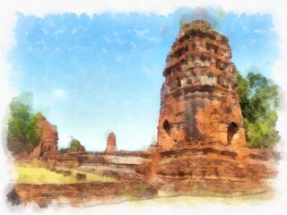 Landscape of ancient ruins in Ayutthaya World Heritage Site watercolor style illustration impressionist painting.