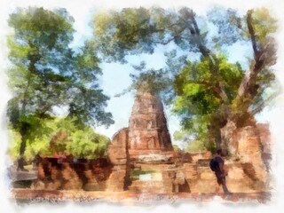 Fototapeta na wymiar Landscape of ancient ruins in Ayutthaya World Heritage Site watercolor style illustration impressionist painting.