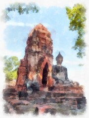 Landscape of ancient ruins in Ayutthaya World Heritage Site watercolor style illustration impressionist painting.