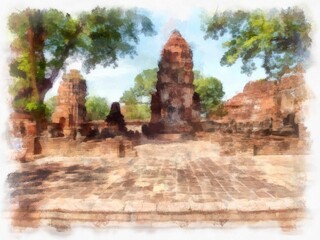 Fototapeta na wymiar Landscape of ancient ruins in Ayutthaya World Heritage Site watercolor style illustration impressionist painting.