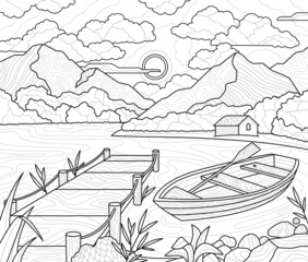 Fototapeta premium Boat on lake abstract concept. Coloring book with river, bridge, mountains, beautiful village landscape and house. Hobby antistress for children and adults. Cartoon modern flat vector illustration