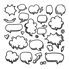 white doodle cartoon speech bubble with various shapes for comic chat box where to add words, speech or talk isolated on white background