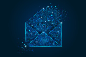 Abstract isolated image of a letter, mail or message interaction, business, connection. Polygonal illustration looks like stars in the blask night sky in spase or flying glass shards. © Katsiaryna