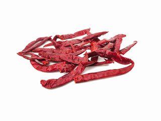Dried red chilies that have been dried in the sun It has a very spicy taste.  isolated on a white background.