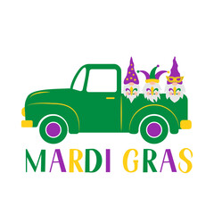 Mardi Gras retro truck with cute gnomes. Fat Tuesday traditional carnival in New Orleans. Vector template for banner, poster, card, party invitation, etc