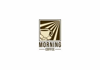 morning coffee logo with a cup of coffee and sunlight shining on a cup of coffee