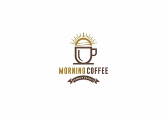 morning coffee logo with cup of coffee and sunrise