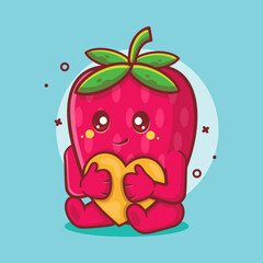 strawberry fruit character mascot holding love heart sign isolated cartoon in flat style design. great resource for icon,symbol, logo, sticker,banner.