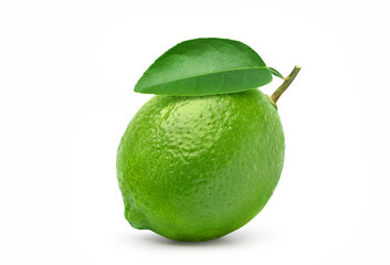Fresh lime fruit with leaf isolated on white background. Clipping path.
