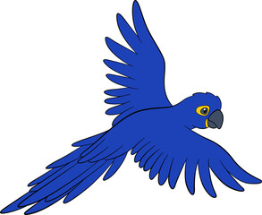 Cartoon birds. Parrot blue macaw flies and smiles.