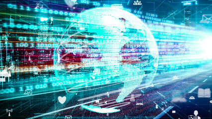 Futuristic global social media, people network and tacit digital data sharing . Concept of smart digital transformation and technology disruption that changes global trends in new information era .