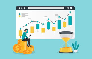 Business growth concept with businessman holding laptop to analyze graph symbol illustration.