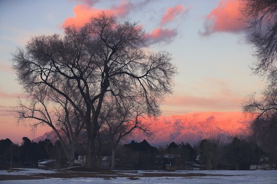 The Snowy Albuquerque's Sandia Mountains at the sunset 
