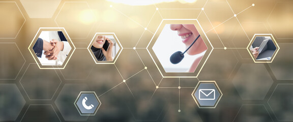 Contact us banner, call center service concept talking on microphone headset offering answering...