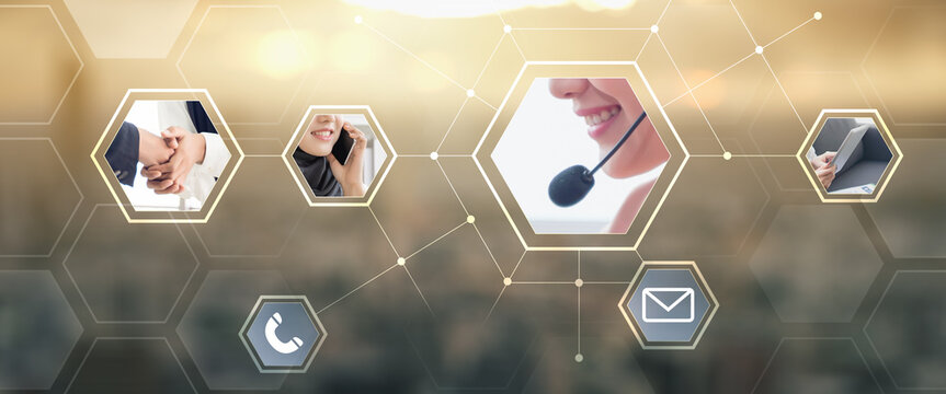 Contact us banner, call center service concept talking on microphone headset offering answering advice to customer help and support services, using smart devices with city background digital icon.
