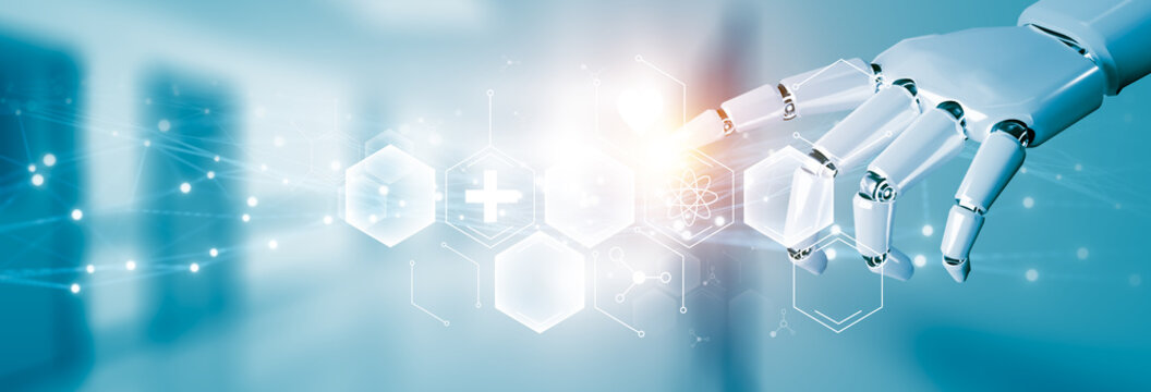 Futuristic AI robot hand assistant technology, artificial intelligence help with operation doctor and patient, virtual simulation of graphical medical healthcare icon,hospital blue banner background