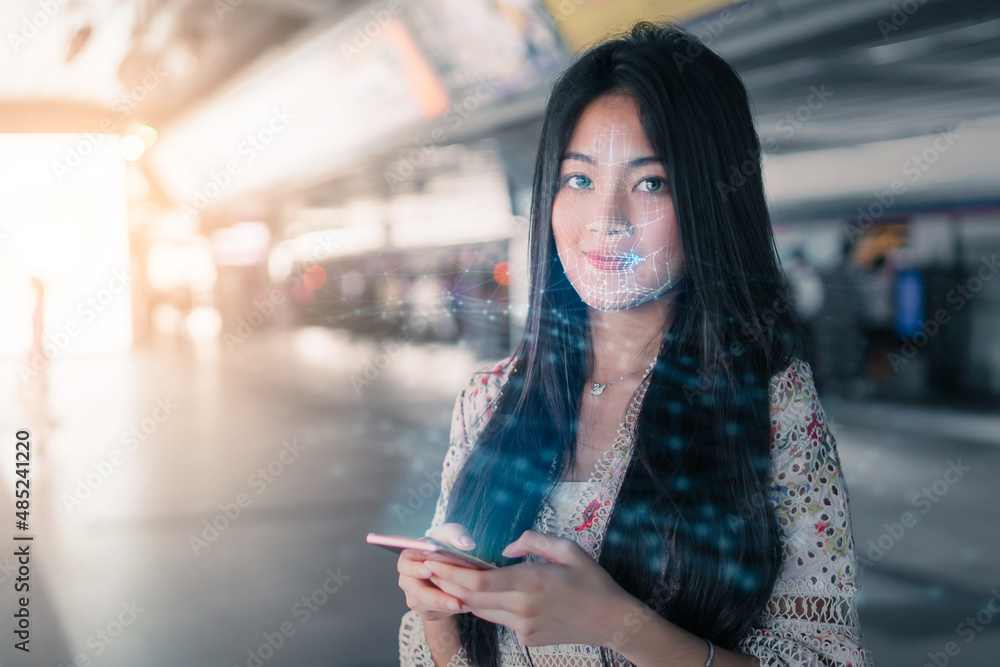 Poster face detection ai technology, facial recognition security user identification access, asian girl usi