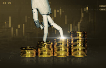 Gold stack coin representing digital crypto currency of financial foreign exchange market, robot...