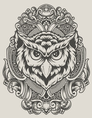 illustration owl head with engraving ornament