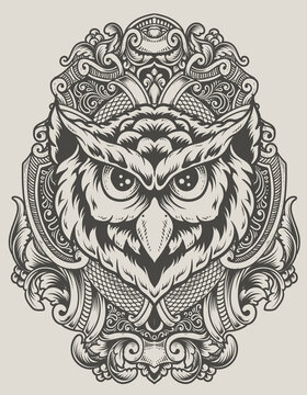 Fototapeta illustration owl head with engraving ornament