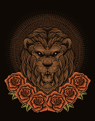 illustration lion head with rose flower