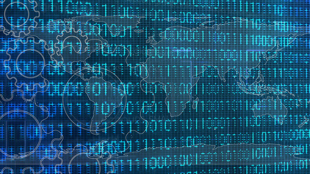 Digital Technology World Map Gear Binary Code Background