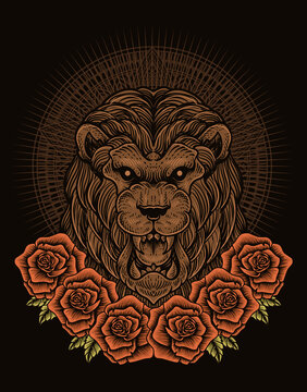 illustration lion head with rose flower