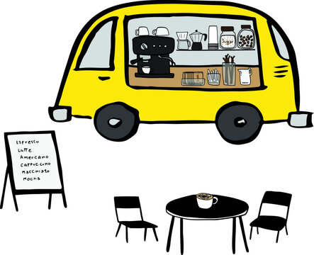 vector yellow coffee truck with coffee equipment, table, chairs, menu board