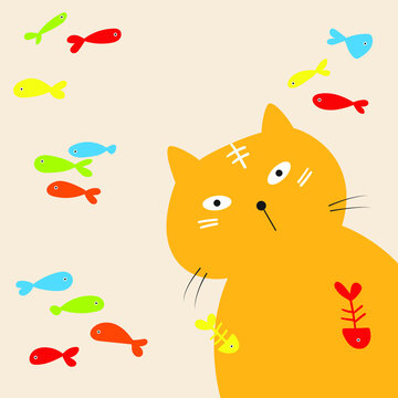 vector background of orange cat watching colorful fish