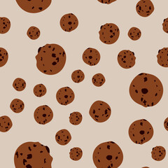 Obraz premium Seamless pattern with cookies. Abstract pastel pattern with tasty chocolate chip cookies. Random, chaotic cute pink background with sweet cookie.