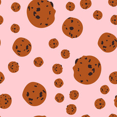 Seamless pattern with cookies. Abstract pastel pattern with tasty chocolate chip cookies. Random, chaotic cute pink background with sweet cookie.