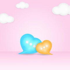 3d minimal blue orange love chat bubble on cloudy pink background .social media message concept. 3d rendering illustration