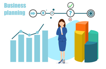 Business planning. Flat vector illustration. Business woman thinking, planning and solving problems with data.