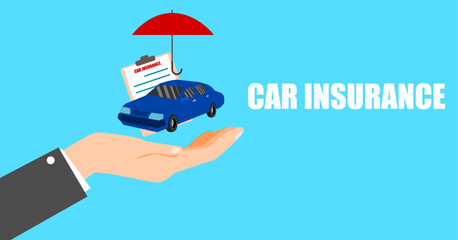 Car insurance. A small blue car rests on the palm of your hand. Vector illustration.