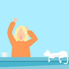 My holiday. Flat vector illustration. Girl on her holiday with cats on the roof.