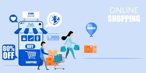 online shopping Shopping concept on smartphone online store app. Flat design vector illustration.