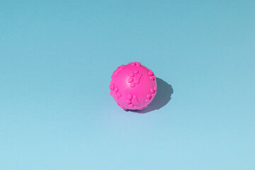 Pink ball toy for dogs in bright light on a blue background.