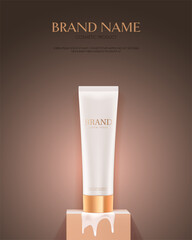 Ads of tube of skin care cream. Streaks of cream on the pedestal.