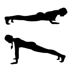 Woman silhouette in high and low plank pose. Yogi woman training her body muscles. Vector illustration in white background