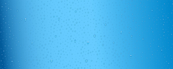 Realistic drops of water. Abstract blue background.
