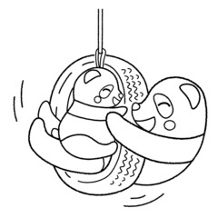 タイヤのブランコで仲良く遊ぶ親子パンダの線画イラスト