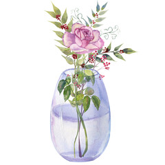 Bouquets of flowers with purple roses and anemones in a glass vase on a white isolated background. Hand-drawn watercolor illustration
