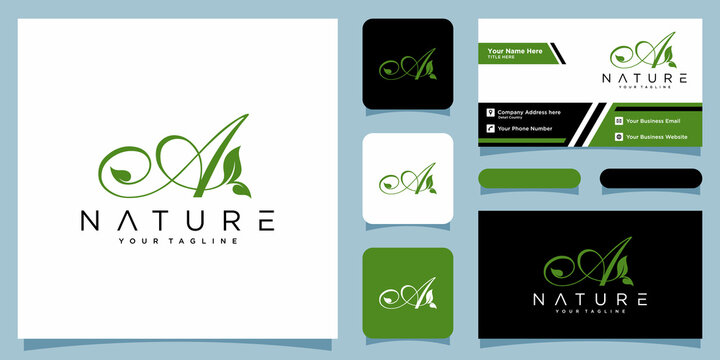 Initial letter A with leaf luxury logo. green leaf logo with business card design