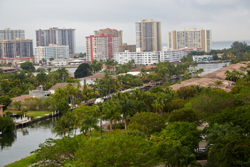 Intracoastal waterways along the ocean with residential and office buildings lining the coastline