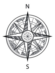 Vector illustration of vintage compass with map, black outline