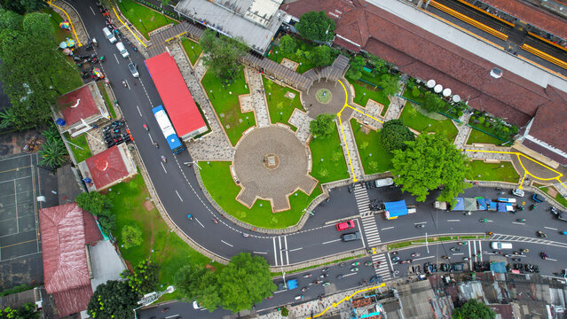 Aerial view of Tebet train station building. Jakarta, Indonesia, February 6 2022